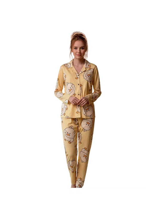 Kadın Mevsimlik Yakalı Boydan Düğmeli Süet Pijama Takımı - Sarı