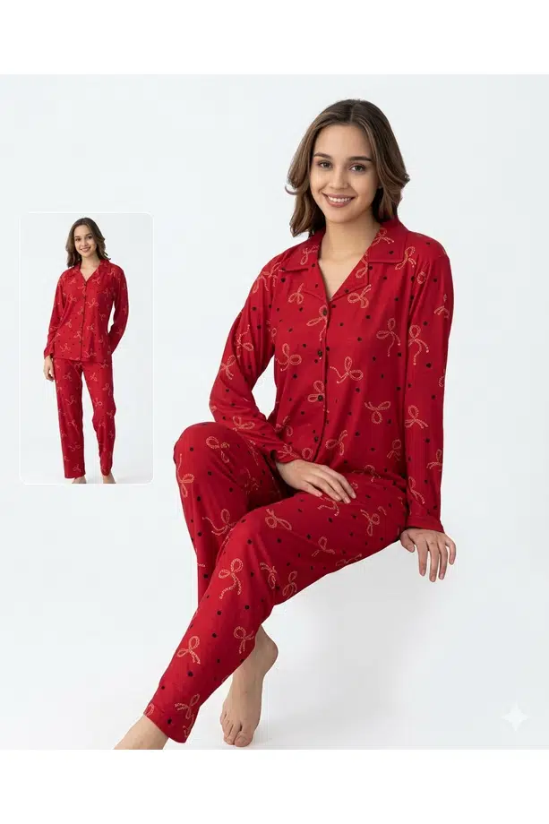 Kadın Mevsimlik Yakalı Boydan Düğmeli Süet Pijama Takımı - Kırmızı