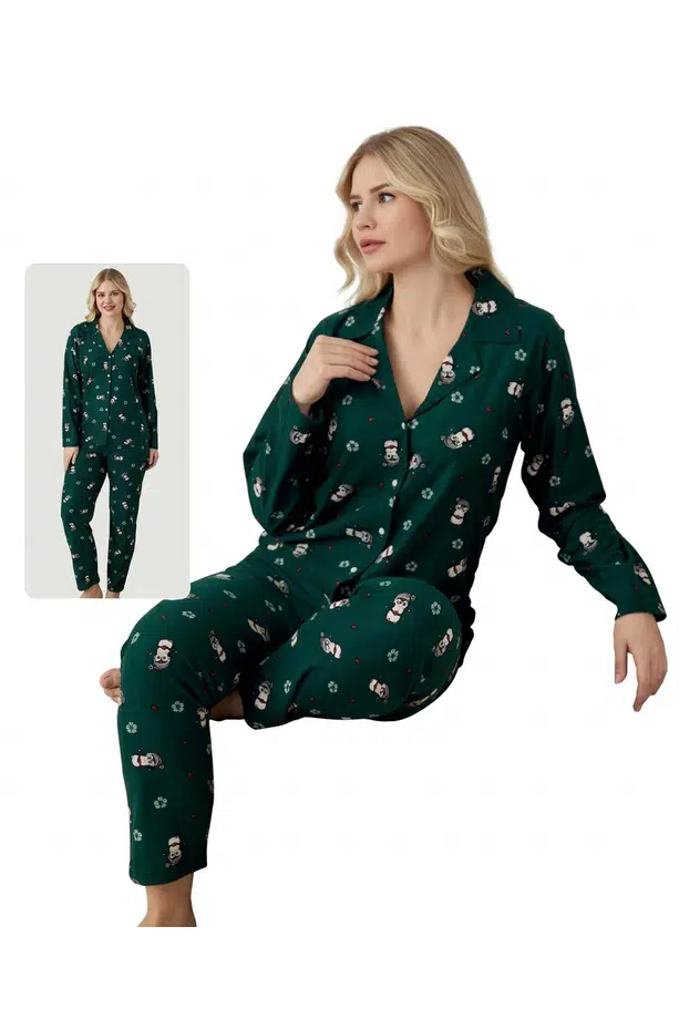 Kadın Mevsimlik Yakalı Boydan Düğmeli Süet Pijama Takımı - Yeşil