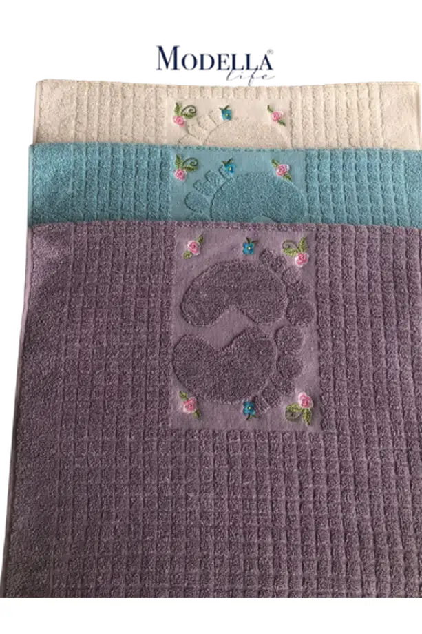 Miosse 3'lü Nakışlı Pamuklu Ayak Havlusu Seti - 50x70 cm Kaymaz Dokulu Banyo Paspası - Çok Renkli