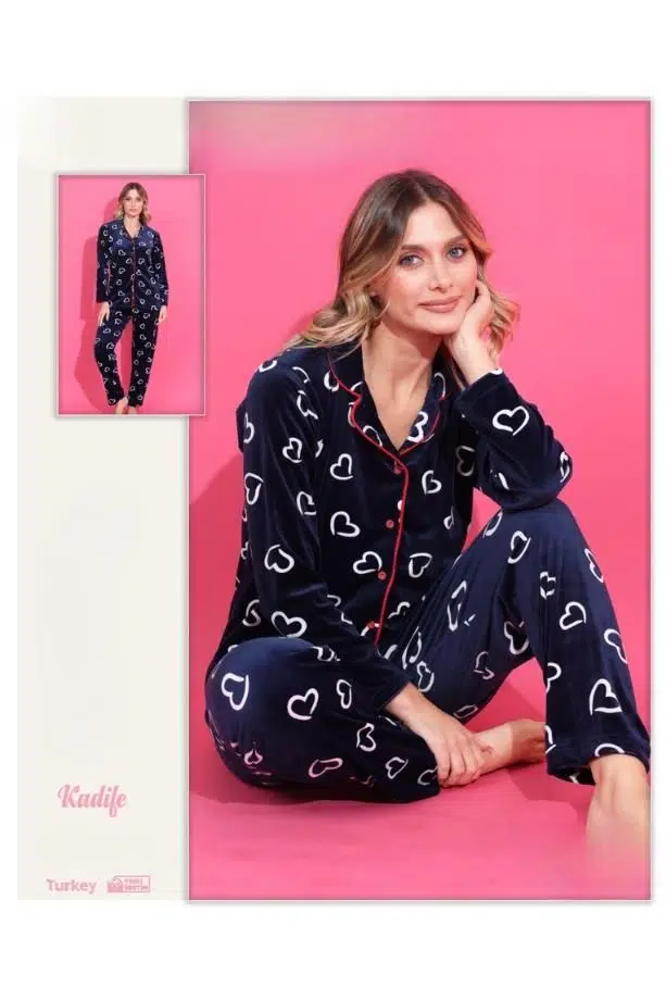 Önden Düğmeli Kadife Kışlık Kadın Pijama Takımı - Lacivert